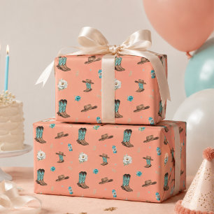 Papel De Presente Botas de Cowgirl Rosa Turquesa Menina Padrão Flora