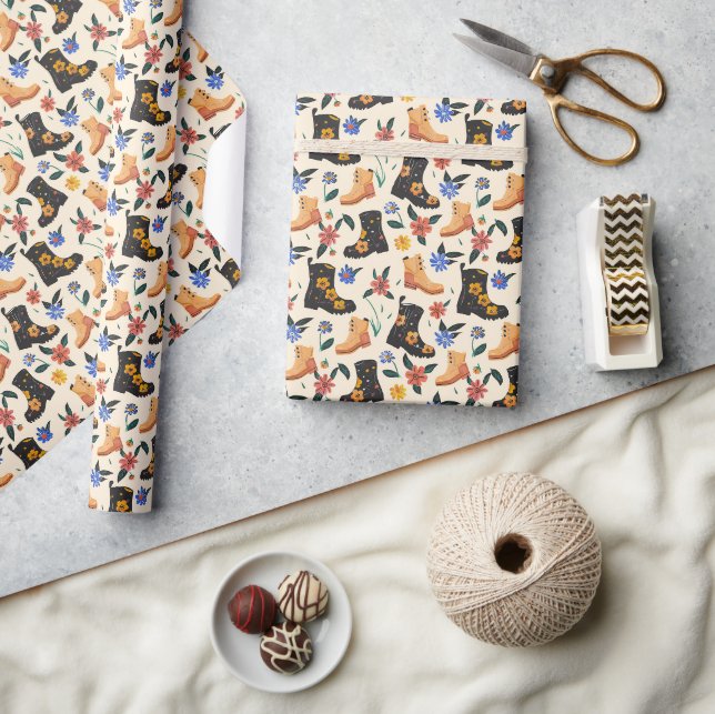 Papel De Presente Botas Florais Desenhadas À Mão E Padrão Sem Olho D (Artesanato)