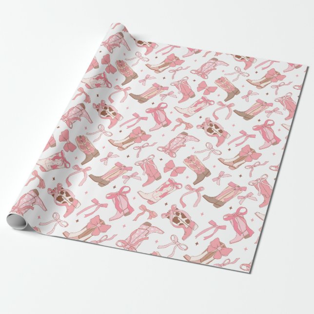 Papel De Presente Botas Rodeio Rosa com Laços Casamento (Desenrolado)