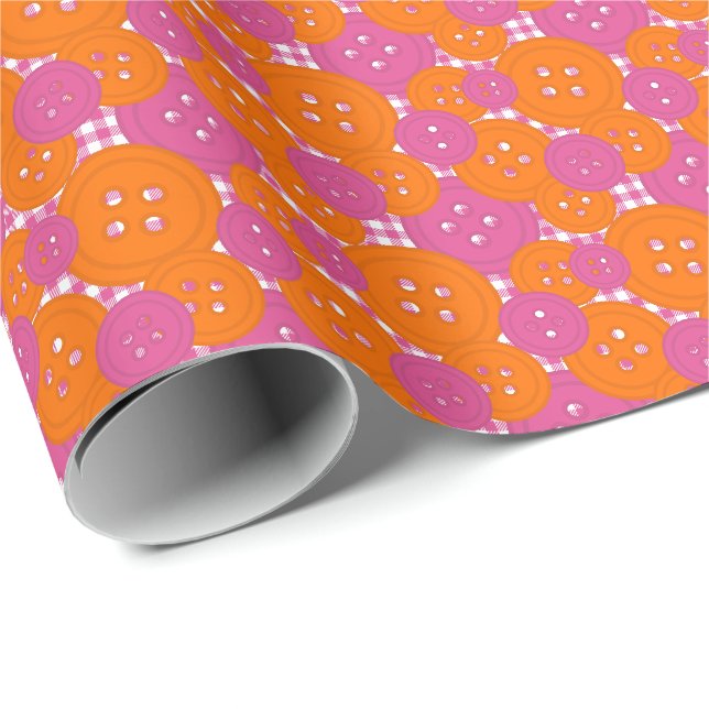 Papel De Presente Botões de Laranja Rosa Xadrez - Sala de Artesanato (Ponta do rolo)