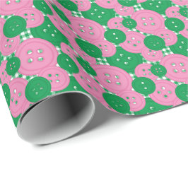 Papel De Presente Botões Rosa e Verde Xadrez - Sala de Costura e Art