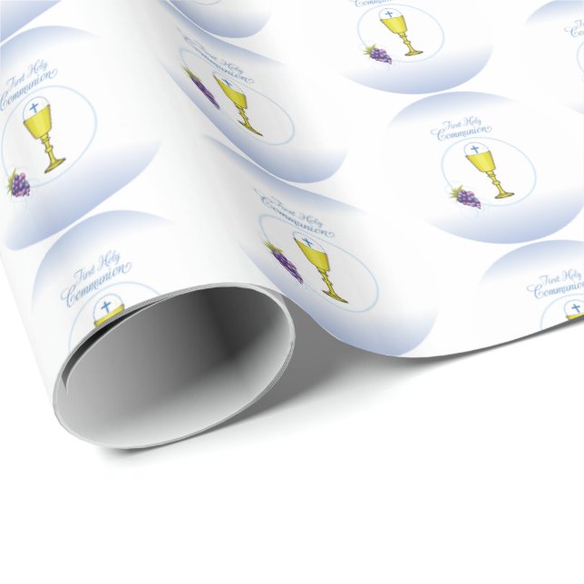 Papel De Presente Boy First Communion, Chalice com Host e Uvas (Ponta do rolo)