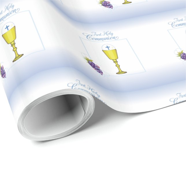 Papel De Presente Boy First Communion, Chalice com Host e Uvas (Ponta do rolo)