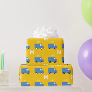 Papel De Presente Boys Toys Transport Blue Truck Monograma Aniversár