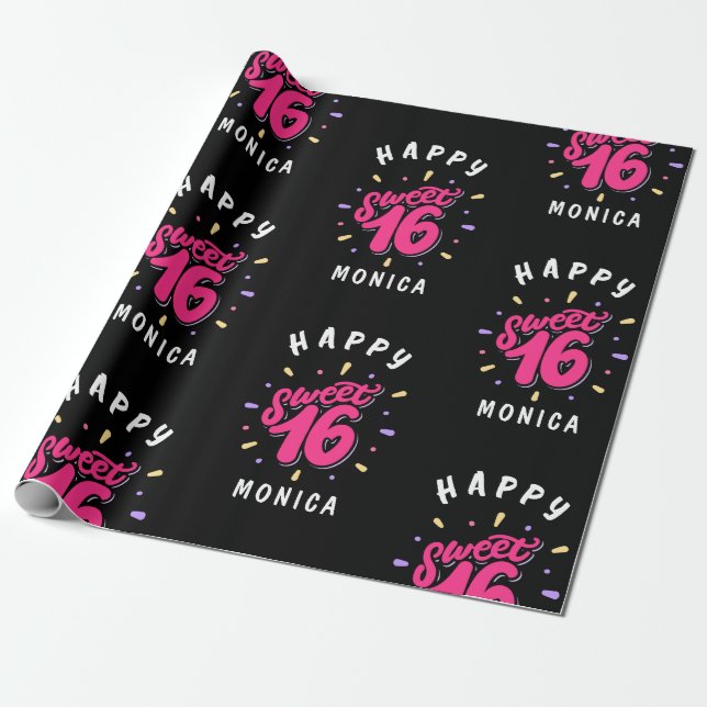 Papel De Presente Branca Negra Doce 16 Aniversário Personalizado (Desenrolado)