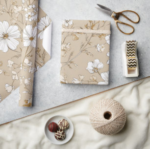 Papel De Presente Branco Bege Flor Ditsy Elegante Boho Vintage 70s 