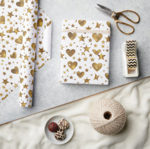 Papel De Presente Branco Com Corações Brilhantes Dourados