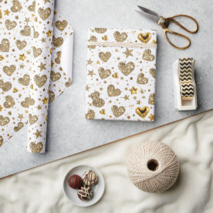 Papel De Presente Branco Com Corações Brilhantes Dourados