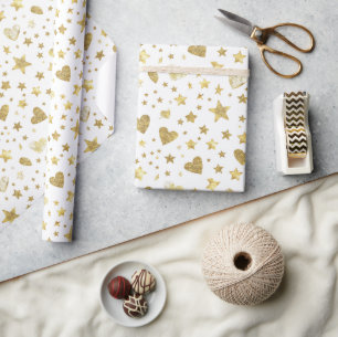 Papel De Presente Branco Com Corações Brilhantes Dourados