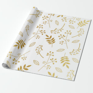 Papel De Presente Branco floral botânico da folha Dourado do falso
