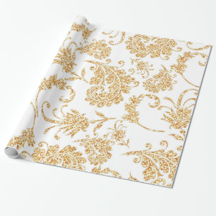 Papel De Presente Branco Floral Elegante Dourado