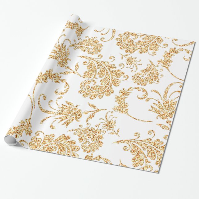 Papel De Presente Branco Floral Elegante Dourado (Desenrolado)