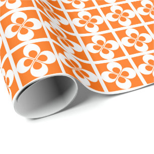 Papel De Presente Branco Geométrico Floral em Laranja