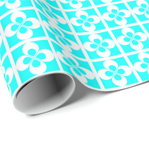 Papel De Presente Branco Geométrico Floral no Azul Aqua