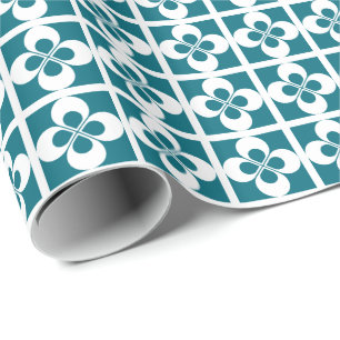 Papel De Presente Branco Geométrico Floral no Azul Teal