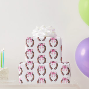 Papel De Presente Branco Marrom Rosa Laço Cowgirl Cavalos Ferraduras