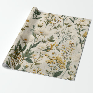 Papel De Presente Branco Rústico Amarelo Botânico Floral Vintage