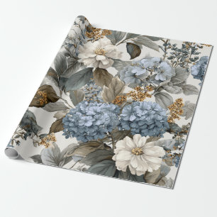 Papel De Presente Branco Rústico Azul Botânico Pastel Vintage Floral