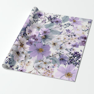 Papel De Presente Branco Rústico Flores Botânicas Roxas Florais Vint