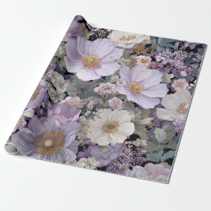 Papel De Presente Branco Rústico Flores Botânicas Roxas Florais Vint