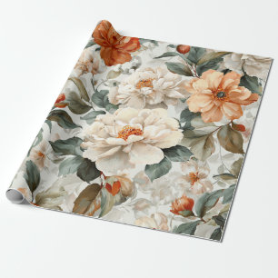 Papel De Presente Branco Rústico Laranja Botânico Vintage Boho Flora