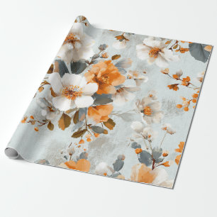 Papel De Presente Branco Rústico Laranja Botânico Vintage Boho Flora