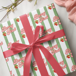 Papel De Presente Branco Rústico Morango Verde Aniversário de Um Ano