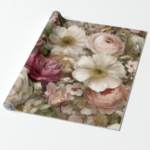 Papel De Presente Branco Rústico Rosa Botânico Floral Vintage Pastel
