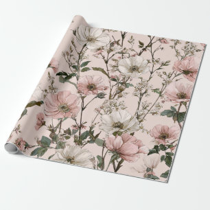 Papel De Presente Branco Rústico Rosa Botânico Floral Vintage Pastel