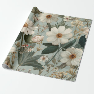 Papel De Presente Branco Rústico Verde Botânico Vintage Boho Floral