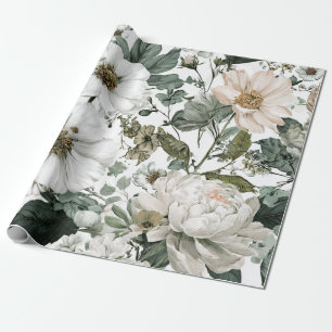 Papel De Presente Branco Rústico Verde Botânico Vintage Boho Floral