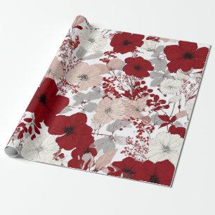 Papel De Presente Branco Rústico Vermelho Botânico Floral Vintage Pa
