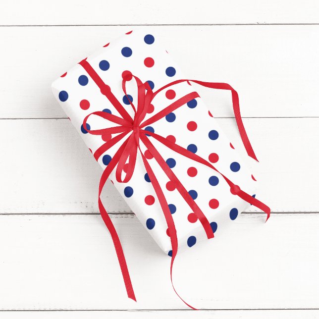 Papel De Presente Branco Vermelho e Azul Bolinhas (White Red and Blue Polka Dot Wrapping Paper)