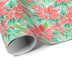 Papel De Presente Bright Palm Beach Poinsettia Watercolor