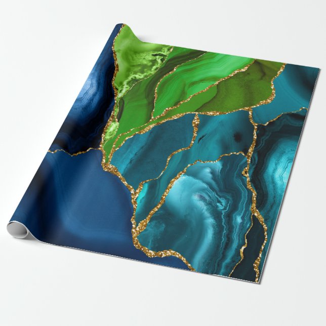 Papel De Presente Brilhante azul, roxo e verde de agitação de pavão (Desenrolado)