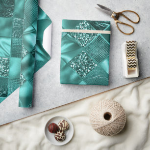 Papel De Presente Brilhante Brilho Azul Turquesa e Diamantes de Folh