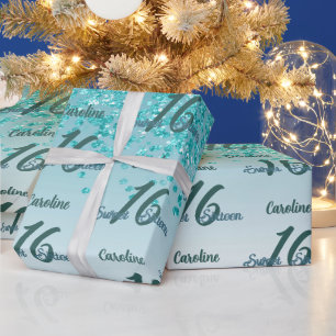 Papel De Presente Brilhante Doze Anos Doçura Caindo Glitter Azul Tur