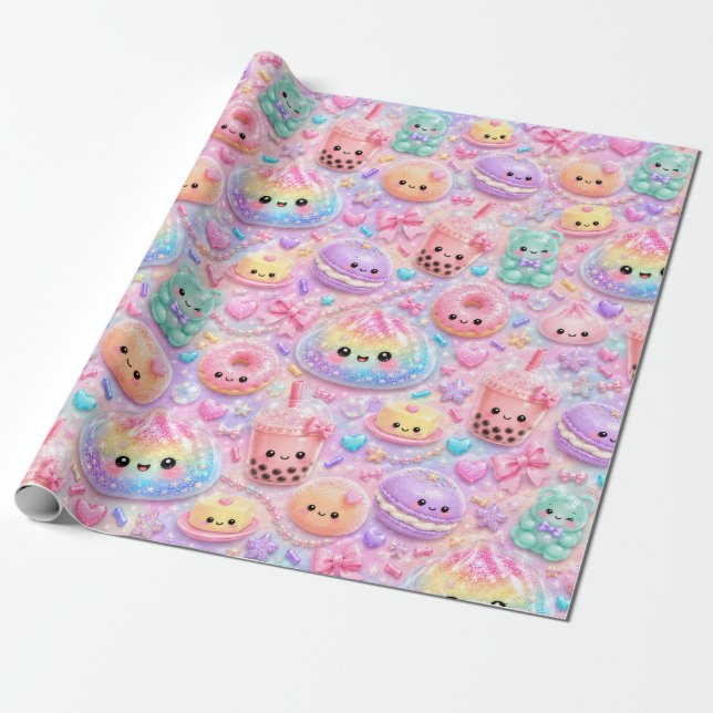 Papel De Presente Brilhantes Bolinhos de Arco-Íris Fofos Squishies  (Desenrolado)