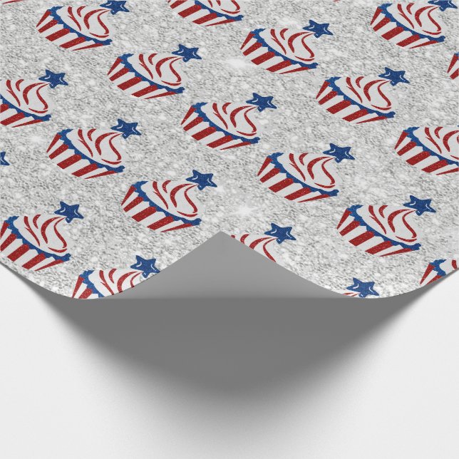 Papel De Presente Brilho de Cupcake Vermelho, Branco e Azul para 4 d (Ponta)