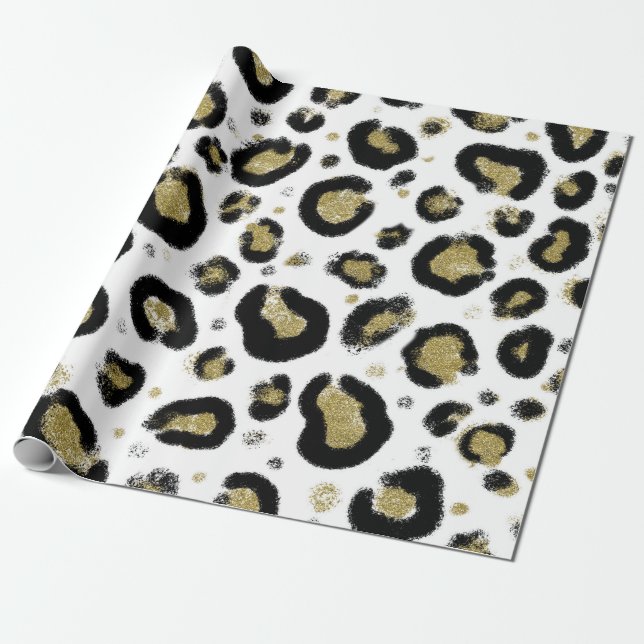 Papel De Presente Brilho de Ouro Branco e Impressão de Leopardo Pret (Desenrolado)