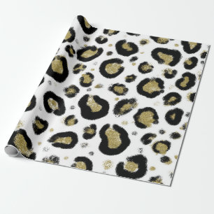 Papel De Presente Brilho de Ouro Branco & Estampa de Leopardo Preto 