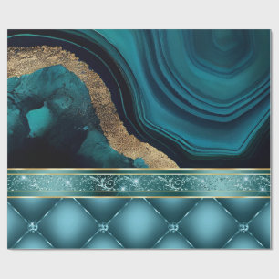 Papel De Presente Brilho Dourado Ágata Azul-turquesa Mármore Diamant