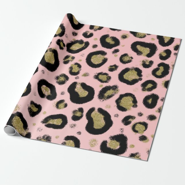 Papel De Presente Brilho Dourado Rosa & Estampa de Leopardo Cheetah  (Desenrolado)