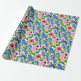 Papel De Presente Brilho Floral Brilhante Feliz Rosa Azul Branca