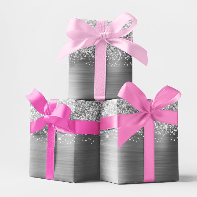 Papel De Presente Brilho Prateado Glam (Glittery Silver Glam Wrapping Paper)