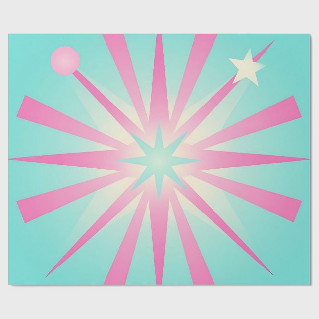 Papel De Presente Brilho Retro Estrela Explosão Rosa-Menta (Aberto)
