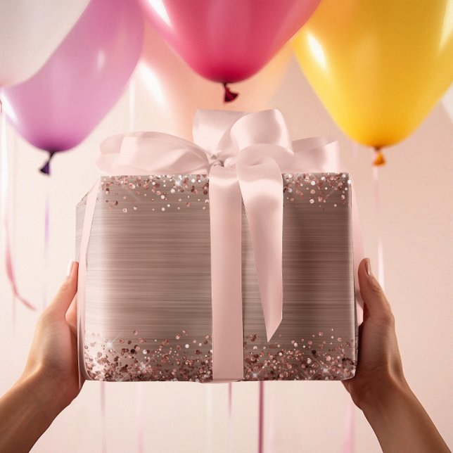 Papel De Presente Brilho Rosa Dourado Falso Folheado (Glitter Rose Gold Faux Foil Wrapping Paper)