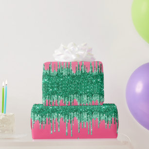 Papel De Presente Brilho Verde Gota Rosa Tendência Glamour Brilho An