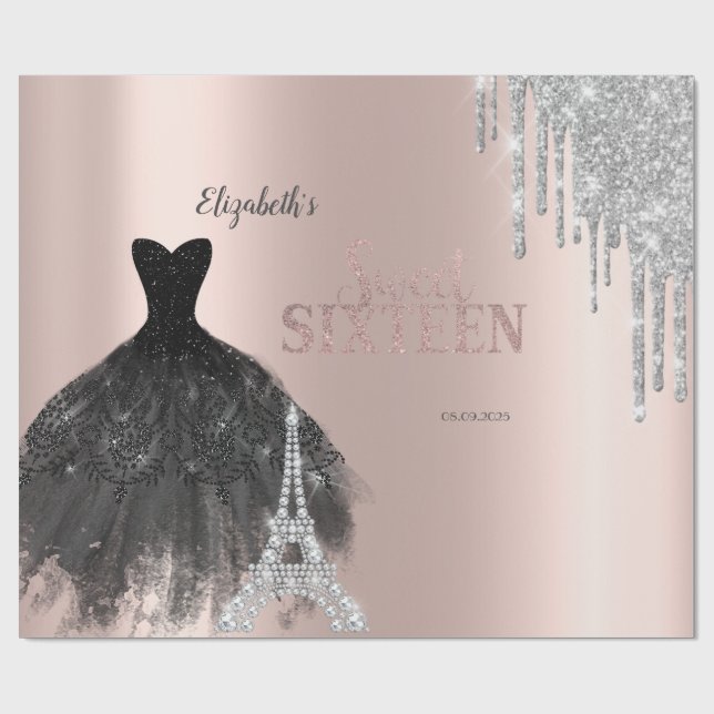 Papel De Presente Brilhos, Vestido, Torre Eiffel Sweet 16 (Aberto)