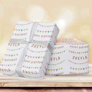 Papel De Presente Brincadeira Colorida Bandeiras de Bunting Nome Fel